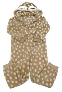 Hnedo-biela vzorovaná plyšová kombinéza s kapucí - sob zn. Primark