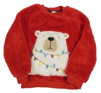 Červená chlpatá mikina s medvěďom Tu