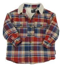 Tmavomodro-červeno-béžová kockovaná zateplená košeľová bunda Next