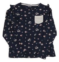 Tmavomodré květované triko s volánky Vertbaudet