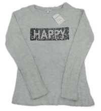 Nové - šedý chlupatý lehký svetr s nápisem 