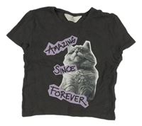 Tmavosivé crop tričko s mačkou H&M