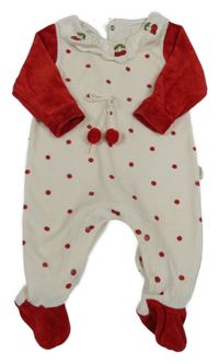 Bielo-červený bodkovaná ý zamatový overal s bambulkami