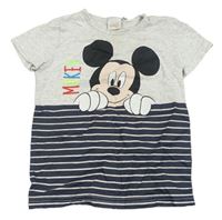 Šedo-tmavomodré tričko s pruhy a Mickeym Disney