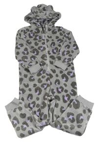Šedo-fialová plyšová kombinéza s leopardím vzorem a kapucí M&S