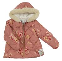 Nové - Starorůžová květovaná šusťáková zateplená bunda s kapucí s kožešinou George