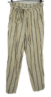 Dámské béžovo-šedé pruhované paper bag kalhoty s páskem H&M