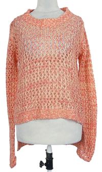Dámsky korálovo-smotanový melírovaný háčkovaný sveter
