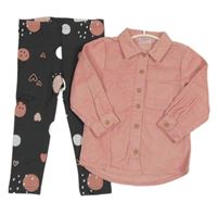 Nové- 2set- růžová manšestrová košilová bunda+ šedé legíny s puntíky a srdíčky so cute