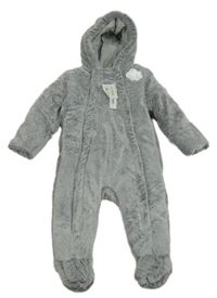 -Nové Sivá melírovaná kožušinová zateplená kombinéza s kapucňou George