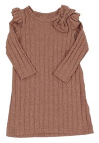 Ružovo-čierne melírované rebrované úpletové šaty s mašlou