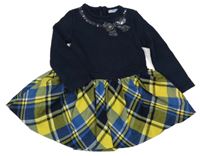 Tmavomodré svetrové šaty s kostkovanou sukní a mašlí Mayoral