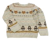 Bílo-béžovo-růžový pruhovaný svetr se vzorem a zvířátky H&M