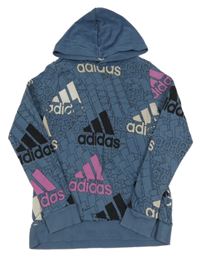 Modrá vzorovaná mikina s potlačou a kapucňou Adidas