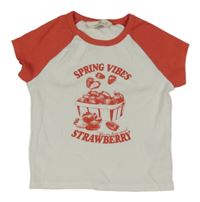 Bielo-červené rebrované crop tričko s jahodami H&M