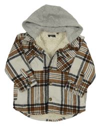 Hnedo-bielo-čierna kockovaná košeľová zateplená bunda s kapucňou Next