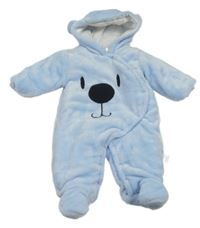 Světlemodrá chlupatá zateplená kombinéza s čumákem a kapucí