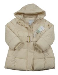 Nové - Smetanová šusťáková zimní bunda s páskem a kapucí Primark