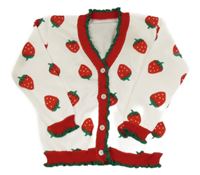 Biely prepínaci sveter s jahodami a červeným lemem