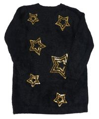 Čierny chlpatý dlhý sveter s hvězdičkami z flitrů Threadgirls