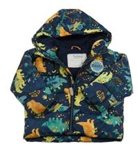 Tmavomodrá šusťáková prošívaná zimní kombinéza s dinosaury a kapucí Nutmeg