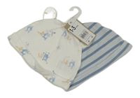 Nové - 2x - Biela s medvídky + světlemodro-modrá pruhovaná bavlnená čapica Mothercare