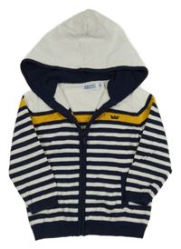 Bílo-tmavomodro-žlutý pruhovaný propínací svetr s kapucí Mayoral
