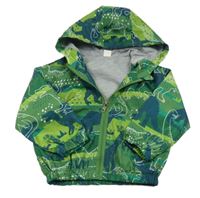 Zelená šušťáková jarná bunda s dinosaurami a kapucňou