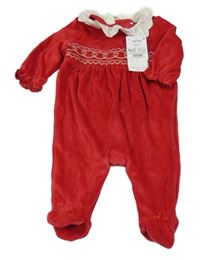 Nové - Červený sametový overal s výšivkou a límečkem Next 
