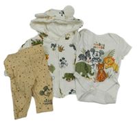 3set - Bílá propínací zateplená mikina s Mickeym + body + béžové tepláky Disney 