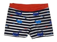 Tmavomodro-bielo-čierne pruhované nohavičkové plavky s velrybami Topomini