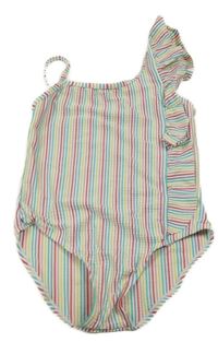 Bílo-barevné proužkované jednodílné plavky s volánkem Primark 