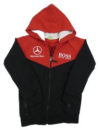 Černo-červená propínací mikina Mercedes-Benz s kapucí a logem Hugo Boss