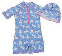 Nové - 2set - Modrý kraťasový UV overal s jednorožci + čepice Primark