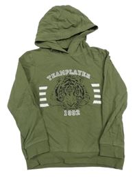 Khaki mikina s tigrom a číslom a nápisom a kapucňou lupilu