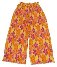 Ružovo-malinovo-oranžovo-žlté kvetované rebrované paper bag bag široké nohavice s mašlou PRIMARK