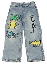 Modré plísňové loose waist rifle s obrázky - Keith Haring H&M