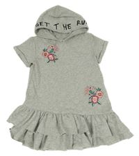 Sivé melírované teplákové šaty s kvietkami a volánikom a kapucňou H&M