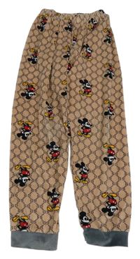 Světlehnědo-tmavošedé vzorované sametové pyžamové kalhoty s Mickey 
