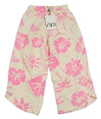 Krémové kvetované bavlnené culottes nohavice s palmami Zara