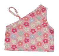 Ružový kvetovaný rebrovaný crop top Shein