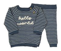 2set - Tmavomodro-bílý pruhovaný svetr s nápisem + pletené tepláky F&F