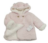 Nové - Světlerůžová chlupatá zateplená propínací mikina s kapucí s oušky Matalan