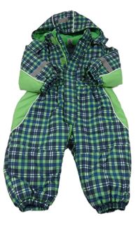 Zeleno-tmavomodro-bílá kostkovaná šusťáková zimní kombinéza s kapucí C&A