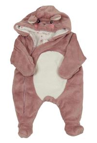 Starorůžovo-bílá chlupatá zateplená kombinéza s kapucí s čumákem M&Co.