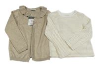 Nové - 2set - Světlehnědý třpytivý propínací svetr s límečkem + bílo-zlaté pruhované triko Primark