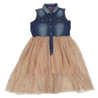 Modro-starorůžové plátěno/tylové šaty s hvězdami