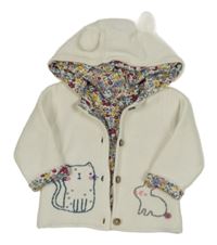 Smetanový podšitý propínací svetr s kočkou s králíkem a kapucí Tu