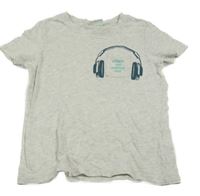 Svetlosivé melírované tričko so sluchátky a vreckom Alive