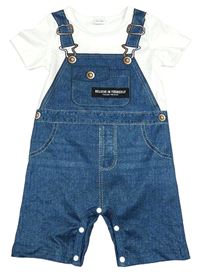 Tmavomodro-bílý kraťasový overal riflového vzhledu